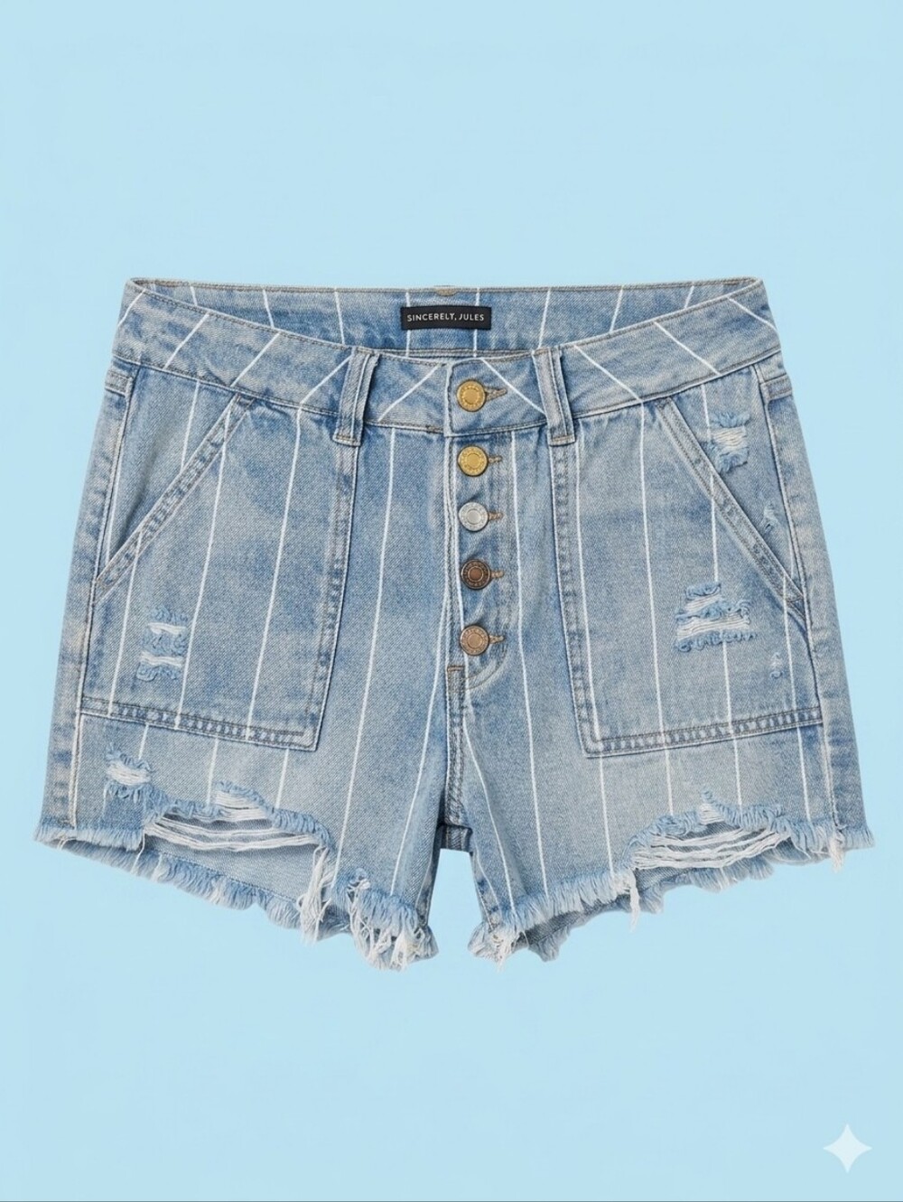 Sincerely Jules High Rise Pinstripe Jean Shorts Distressed Fray Hem 29 / 9
